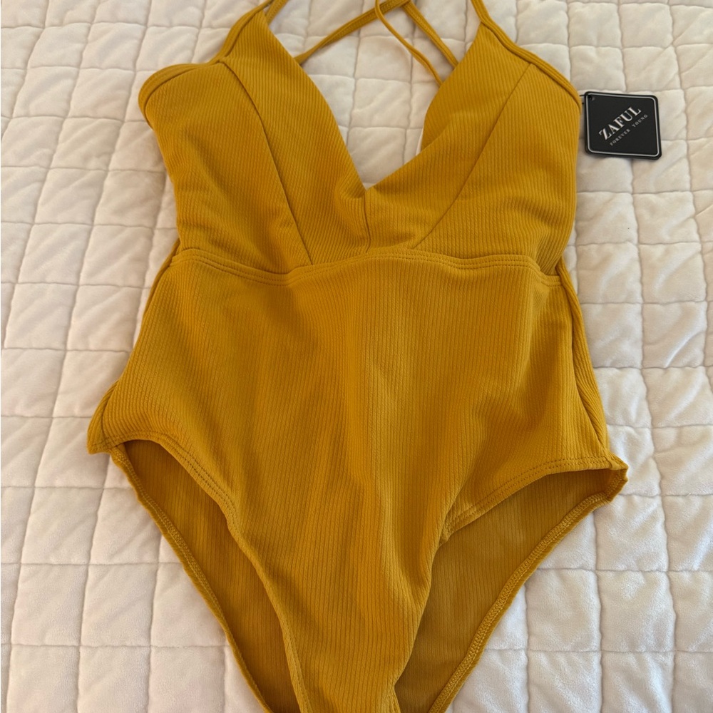 Zaful Mustard Ribbed One-Piece Swimsuit